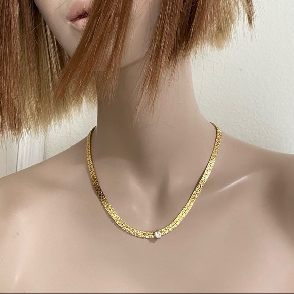 Vintage Gold-tone Flat Chain w/ CZ Clear Stone Center Necklace - Picture 7 of 15